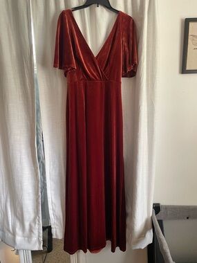 Elegant Rust Velvet Maxi Dress with Flutter Sleeves